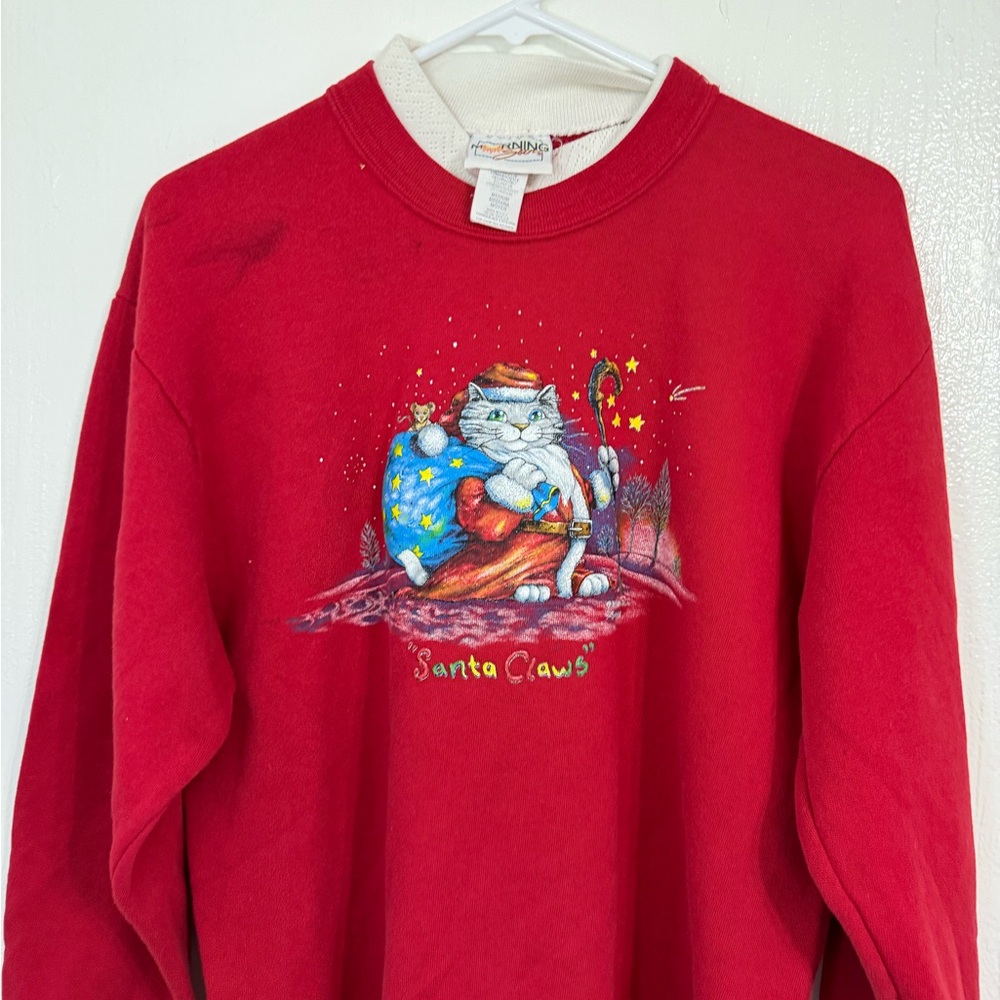 Vintage Morning Sun Santa Claws Cat Graphic Print Sweater Red Size Medium - Picture 2 of 9
